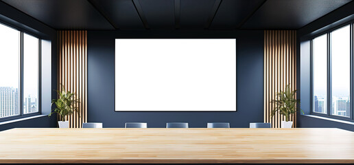 Empty meeting room with large blank whiteboard, wooden table, plants, and city view windows. Ideal for presentations, conferences, and business meetings.