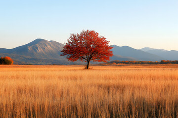 Fototapeta premium A solitary red tree standing in an open golden field with mountains in the background 