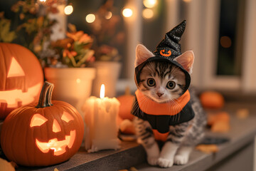 Naklejka premium A cute kitten dressed in a Halloween costume with candles and pumpkins in the background