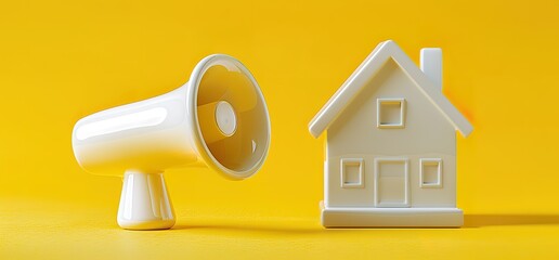 White megaphone and house model on a yellow background. Concept for real estate advertising, announcement or promotion.