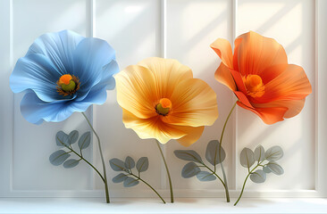 Three flowers displayed on a shelf.