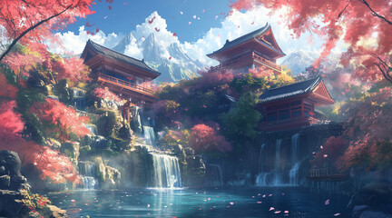 Obraz premium Japanese background, anime wallpaper, digital art, pc wallpaper. anime. Illustrations 