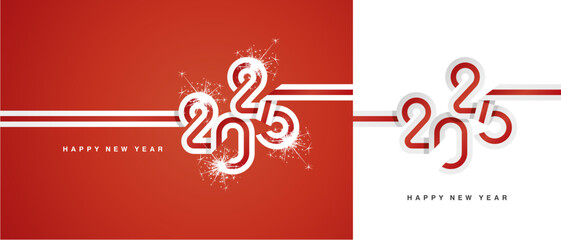 New Year 2025 continuous ribbon in the shape of 2025. Abstract white red flag of England shape 2025 logo gift wrapping tape isolated on white and red background