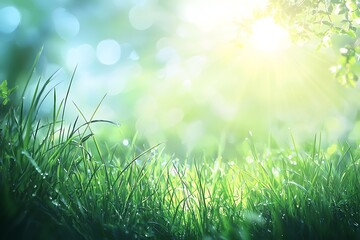 Obraz premium Dew-Kissed Grass Illuminated by Sunlight in a Serene Setting