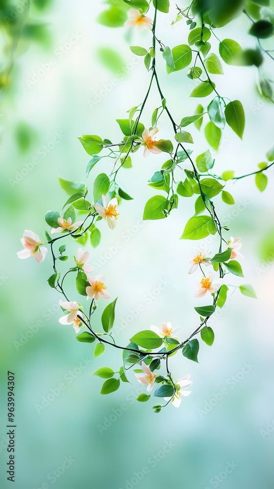 Sticker Blooming Branch with White Flowers on a Green Background.