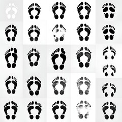 A collection of various footprint patterns in black and white, creating an abstract and artistic composition.