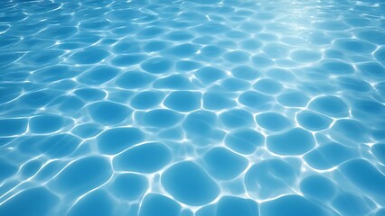 High resolution photo of a clear blue swimming pool surface, The water is calm, creating intricate patterns of light and shadow due to the sunlight reflecting off the ripples