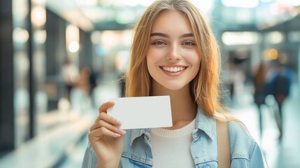 Smiling woman, blank card, happiness concept
