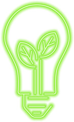 Green glowing neon line light bulb with leaf of a plant. Environmental protection concept icon. Green energy, renewable energy concept . Ecology themed concept illustration.
