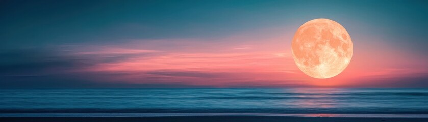 A serene ocean view under a glowing full moon, with vibrant colors of dusk painting the sky and reflecting on the water.