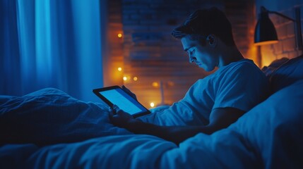 Person with tablet in bedroom.
