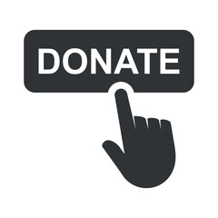 Donate button icon featuring a hand cursor pressing the donate label, representing online charitable contributions
