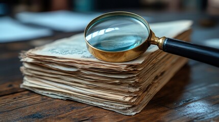 A vintage magnifying glass lays on a stack of antique books on a wooden table.