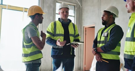 Teamwork, leadership and engineering with people and tablet for construction site, blueprint and building renovation. Collaboration, project management and architecture with contractor for design