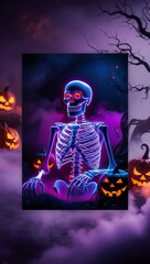 skeleton glowing in neon blue, pink, and purple hues. The skeleton is set against a misty, dark background with eerie trees and glowing Jack-o'-lanterns
