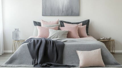 Gray, pastel bedroom, comfy bed, abstract art