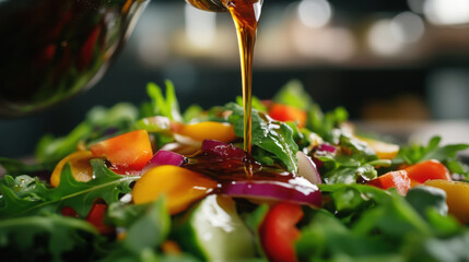 A drizzle of vinaigrette being poured over a fresh green salad, with colorful veggies underneath.