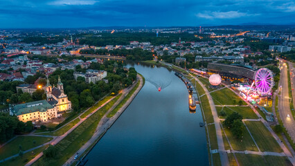aerial view of krakow city center at sunset in summer in poland