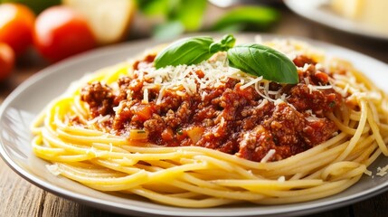 Spaghetti Bolognese with beef and tomato sauce, garnished with Parmesan and basil