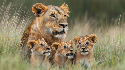 Lioness with Three Cubs in Grass