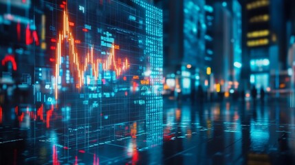 Stock chart, increasing candlestick, night city.