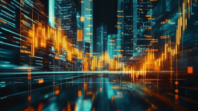 Stock chart, ascending candlestick, city at night.