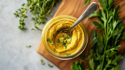 A jar of honey mustard with a spoon inside, surrounded by fresh herbs and a wooden board.