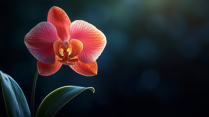Pink and Orange Orchid Flower with Green Leaves on Dark Background