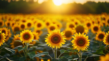 Obraz premium Sunflowers Field at Sunset Golden Hour Photography