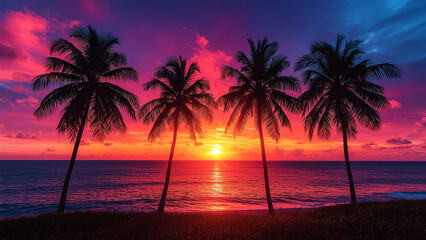 Palm Trees Silhouetted Against Sunset Over Ocean