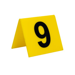 Crime scene investigation. Yellow marker for identification of material evidence on a white background number 9