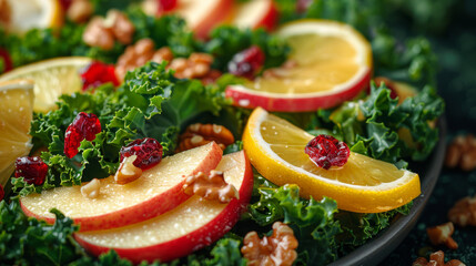 A vibrant kale and apple salad featuring fresh kale leaves, crisp apple slices, crunchy walnuts, and sweet dried cranberries, all tossed with a tangy dressing of lemon juice and olive oil