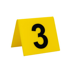 Crime scene investigation. Yellow marker for identification of material evidence on a white background number 3