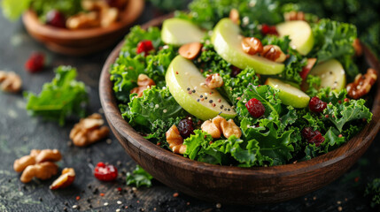 A vibrant kale and apple salad featuring fresh kale leaves, crisp apple slices, crunchy walnuts, and sweet dried cranberries, all tossed with a tangy dressing of lemon juice and olive oil