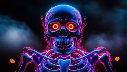 neon skeleton Halloween background. The skeleton's eyes radiate in shades of orange. Pink blue blurred bokeh lights backdrop