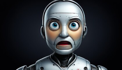 A close-up of a humanoid robot with a startled expression, wide blue eyes, and detailed facial features. The robot's metallic surface contrasts with the dark background, emphasizing its high-tech
