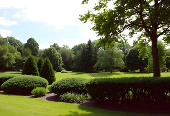 Green park landscape with bushes and trees, cut out