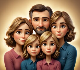 A charming animated family portrait featuring five smiling members, showcasing warmth and togetherness. The family includes parents and three children, all with similar features and expressions