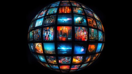 Fototapeta premium A sphere composed of multiple screens, each displaying a different image, against a black background.