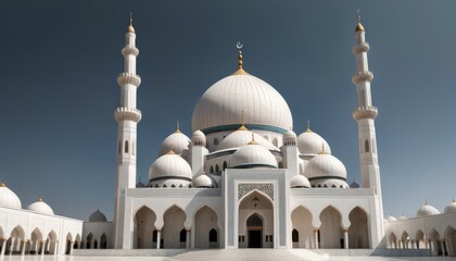 Fototapeta premium An impressive mosque featuring pristine white domes and towering minarets against a clear, blue sky. This stunning piece of Islamic architecture radiates elegance and serenity, offering a breathtaking