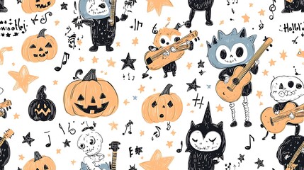 A doodle-style seamless pattern of cute Halloween monsters playing instruments, with a dancing skeleton, drums, guitars, and trumpets, surrounded by stars, pumpkins, and musical notes,