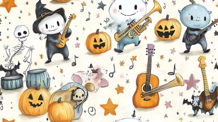 A doodle-style seamless pattern of cute Halloween monsters playing instruments, with a dancing skeleton, drums, guitars, and trumpets, surrounded by stars, pumpkins, and musical notes,