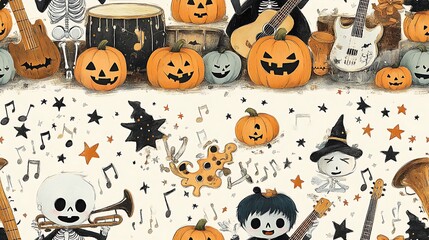 A doodle-style seamless pattern of cute Halloween monsters playing instruments, with a dancing skeleton, drums, guitars, and trumpets, surrounded by stars, pumpkins, and musical notes,
