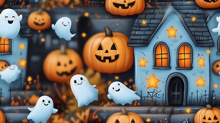 A doodle-style seamless pattern of happy haunted houses with grinning windows, surrounded by floating friendly ghosts, pumpkins, and stars, soft pastel colors,