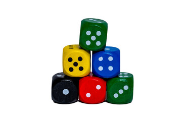 Different colored dice isolated on white background. Five bright colors.