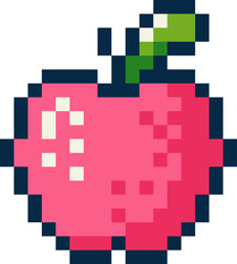 Pink apple in pixel art style simple icon. Retro 8 bit gaming flat pixel art style, modern logotype graphic illustration.