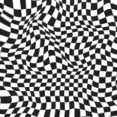 Checkered background with distortion effect. Abstract black and white background, distorted groovy twisted grid. Chessboard surface as abstract banner with distortion.