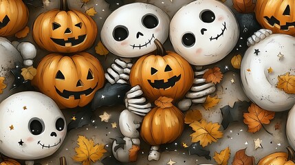 Obraz premium A doodle-style seamless pattern of tiny skeletons cuddling with smiling pumpkins, surrounded by stars, moons, and autumn leaves, soft pastel colors, playful and cute Halloween theme.