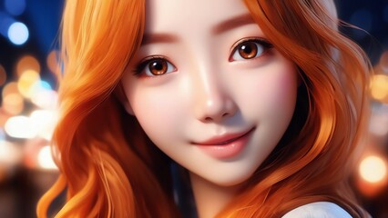 Obraz premium A gorgeous and endearing woman with long orange hair and a blurry, bokeh night background, depicted in an incredibly realistic 3D style, evoking a surreal atmosphere. 