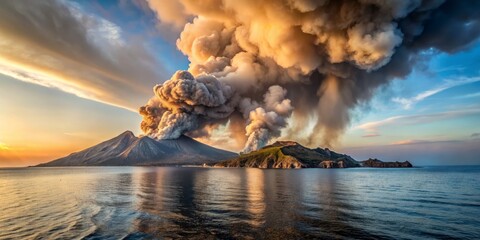 Aegean Sea giving birth to a new island, with volcanic smoke and flames erupting from the water